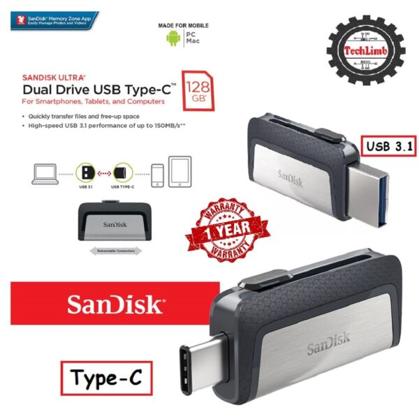 SanDisk OTG Pendrive 128GB Type-C and USB 3.1 Port 150MB/S Ultra Dual Flash Drive and OTG Drive for Android Devices and Computers - Type-C, USB 3.1 - Black+Silver 1-Year Warranty