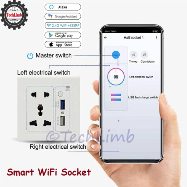Smart WiFi Socket with USB Fast Charging QC3.0 Google Alexa Home Universal Wifi Smart USB Socket Tuya Smart Life Wifi Single Intelligent Universal Wall Plug- 1Year Warranty
