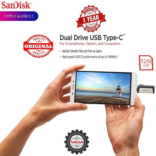 SanDisk OTG Pendrive 128GB Type-C and USB 3.1 Port 150MB/S Ultra Dual Flash Drive and OTG Drive for Android Devices and Computers - Type-C, USB 3.1 - Black+Silver 1-Year Warranty - Image 2