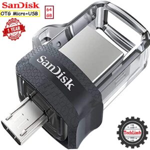SanDisk OTG 64GB Micro and USB Port 150MB/S Ultra Dual Drive M3.0 – Micro, USB 3.0 – Black 1-Year Warranty – Original SanDisk Pendrive for Android and PC - High Speed 64GB OTG Drive by TechLimb – Best Price in BD 2026 – Dual Port Flash Drive