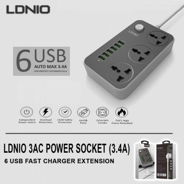 LDNIO SC3604 10A Power Strip 6 USB 3 Universal Socket With Overload Protector Circuit Breaker Switch Outlet Extend