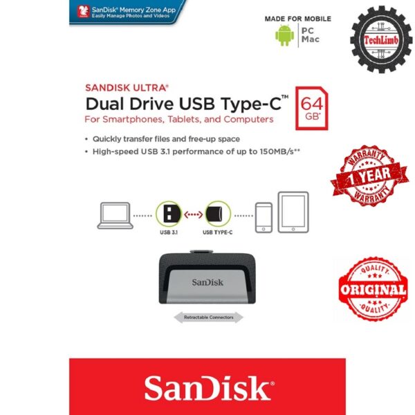 SanDisk OTG Pendrive 64GB Type-C and USB 3.1 Port 150MB/S Ultra Dual Flash Drive and OTG Drive for Android Devices and Computers - Type-C, USB 3.1 - Black+Silver 1-Year Warranty - Image 2