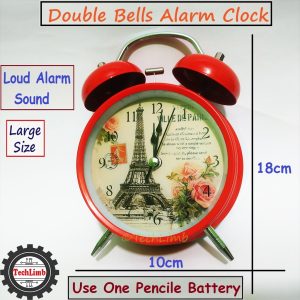 Alarm Clock Full Metal Body Vintage Retro Silent Pointer Clock Large Size 10cmX18cm Round Number Dual Bell Loud Black Alarm Clock Bedside Night Light Home Decor Notes Oval Shape Designer Watch - TechLimb Retailer Quality - Best for Heavy Sleepers & Kids - Red