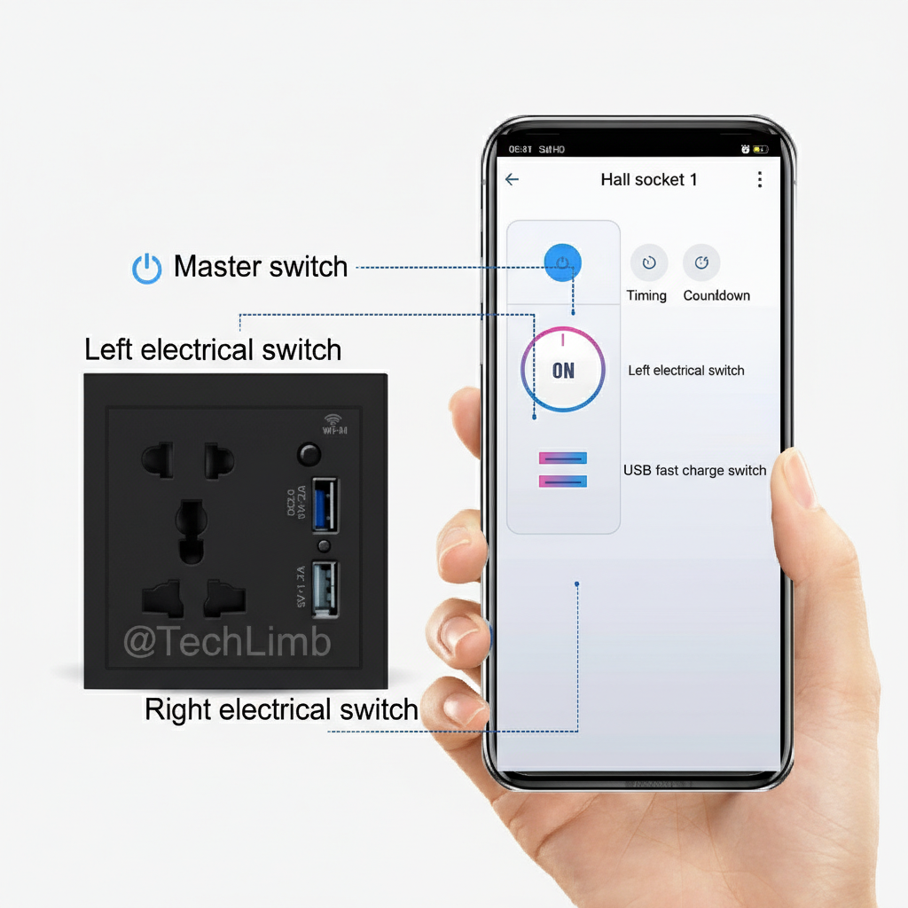 TechLimb Smart WiFi Socket with USB Fast Charging QC3.0 đ Universal Wifi Smart Wall Plug for Google Home & Alexa đą Tuya Smart Life App Control ⨠10A 2200W Intelligent Wall Socket for Home Automation & Security đĄī¸ 1-Year Warranty - Image 9