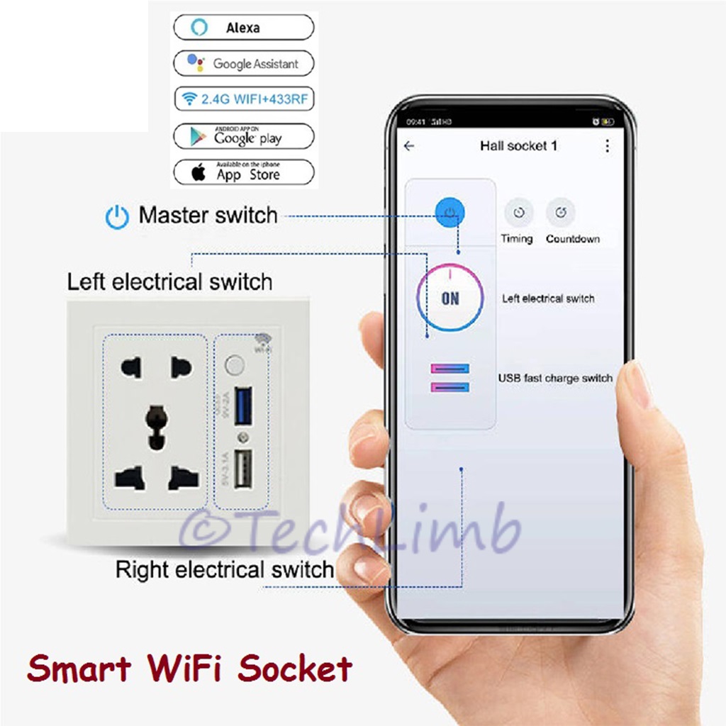 TechLimb Smart WiFi Socket with USB Fast Charging QC3.0 đ Universal Wifi Smart Wall Plug for Google Home & Alexa đą Tuya Smart Life App Control ⨠10A 2200W Intelligent Wall Socket for Home Automation & Security đĄī¸ 1-Year Warranty