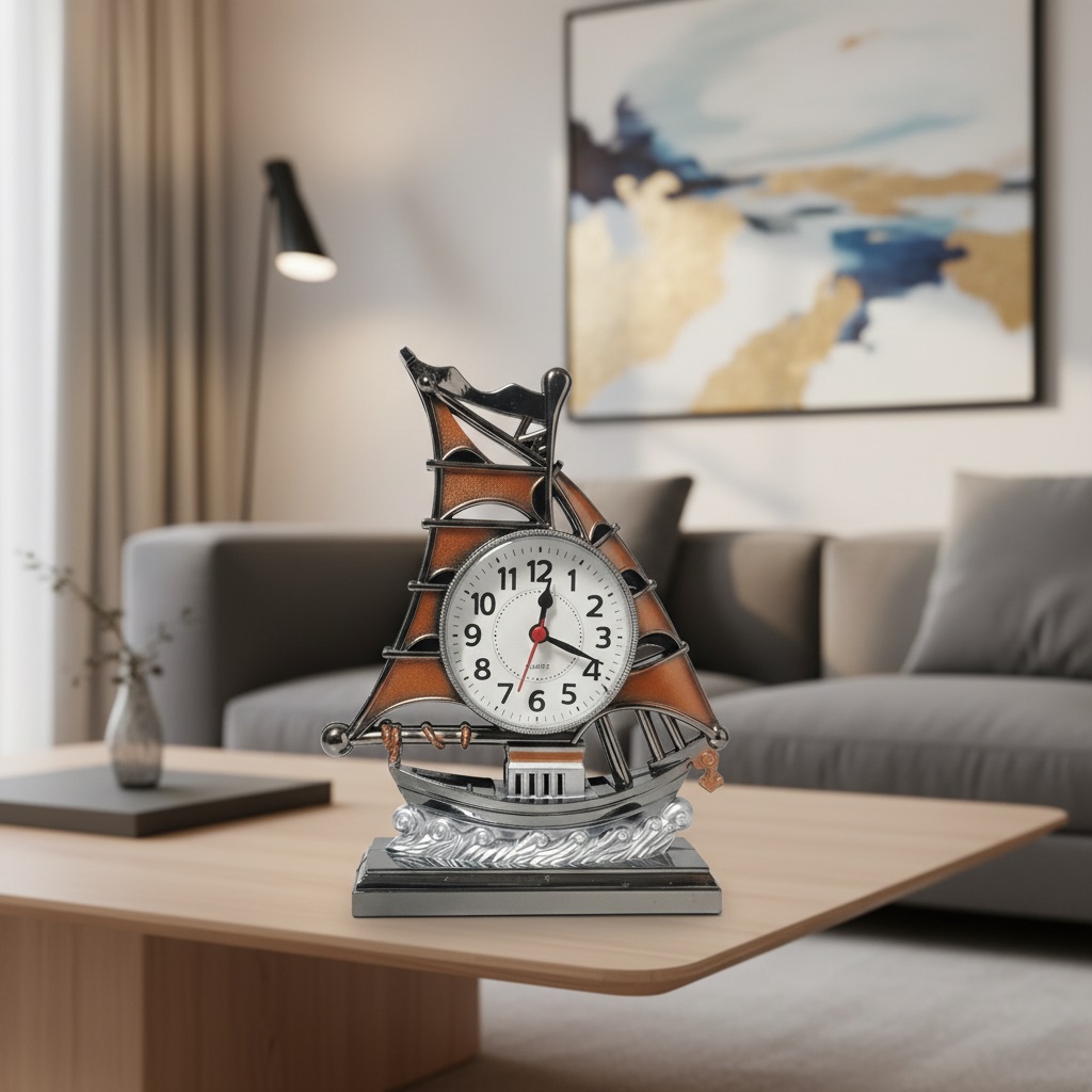 TechLimb Ship Table Alarm Clock Showpiece for Home Decoration Vintage Retro Sailboat Pattern Nautical Desk Clock for Office Living Room Antique Quartz Silent Bedside Watch Best Selling Gift Item for Students Husband Anniversary Birthday Ship Clock BD