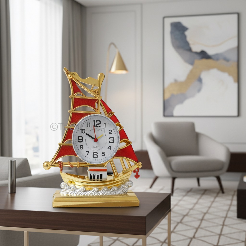 TechLimb Ship Table Alarm Clock Showpiece for Home Decoration Vintage Retro Sailboat Pattern Nautical Desk Clock for Office Living Room Antique Quartz Silent Bedside Watch Best Selling Gift Item for Students Husband Anniversary Birthday Ship Clock BD - Image 5
