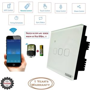 TechLimb 3Gang Smart WiFi RF Remote Touch Switch Crystal Glass Panel 1500W Alexa Google Home Control Smart Life App Remote Wireless Home Automation Light Switch Price in BD 86x86mm Fan Light Timer Switch High Quality Touch Sensor Switch Tuya