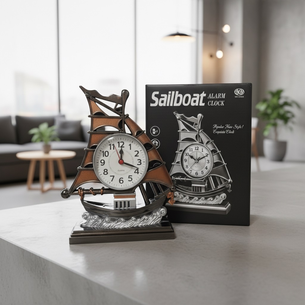 TechLimb Ship Table Alarm Clock Showpiece for Home Decoration Vintage Retro Sailboat Pattern Nautical Desk Clock for Office Living Room Antique Quartz Silent Bedside Watch Best Selling Gift Item for Students Husband Anniversary Birthday Ship Clock BD - Image 3