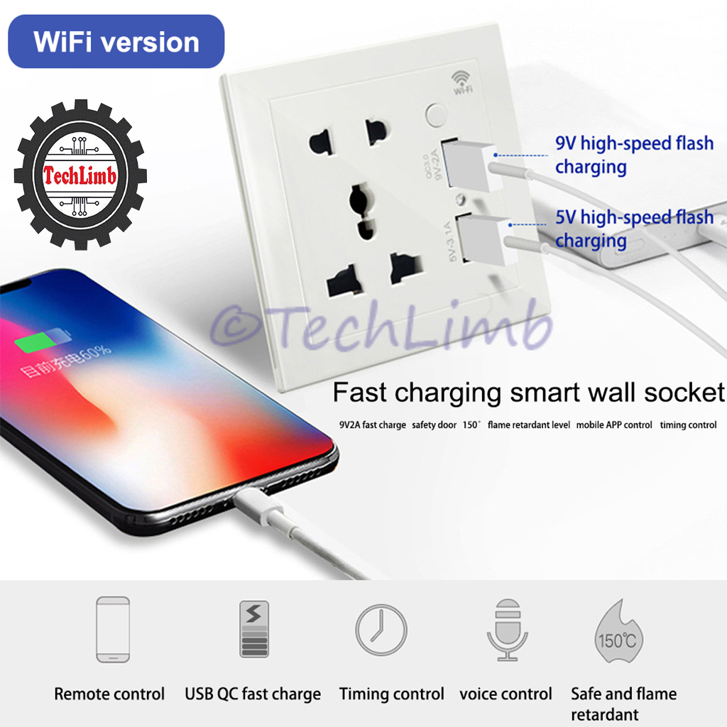 TechLimb Smart WiFi Socket with USB Fast Charging QC3.0 đ Universal Wifi Smart Wall Plug for Google Home & Alexa đą Tuya Smart Life App Control ⨠10A 2200W Intelligent Wall Socket for Home Automation & Security đĄī¸ 1-Year Warranty - Image 3