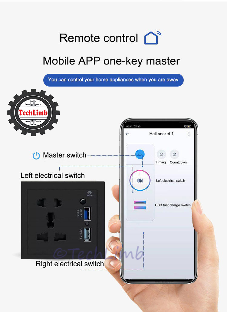 TechLimb Smart WiFi Socket with USB Fast Charging QC3.0 đ Universal Wifi Smart Wall Plug for Google Home & Alexa đą Tuya Smart Life App Control ⨠10A 2200W Intelligent Wall Socket for Home Automation & Security đĄī¸ 1-Year Warranty - Image 7