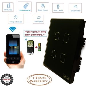 TechLimb Smart Switch 4Gang WiFi+RF 433hz Remote Function Touch Screen Wall Switch for Alexa Google Home | 2.4GHz SmartLife or Tuya App Control | Tempered Glass Panel | 2000W 10A Heavy Duty | 1-Year Warranty | Best Smart Home Automation Switch in Bangladesh
